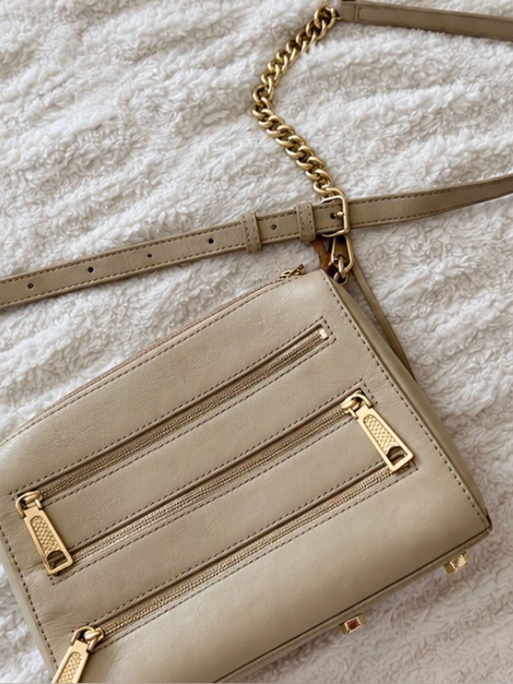 Rebecca Minkoff Taupe Beige Leather Zip Crossbody Bag Gold Hardware